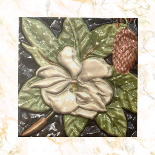Vintage Embossed Look Magnolia Blossom Ceramic Tile