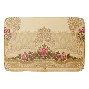 Vintage Embossed Style Gold and Red Floral Bath Mat