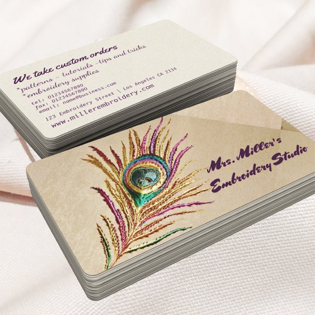 Vintage Embroidered Peacock Feather Embroidery Business Card (Creator Uploaded)