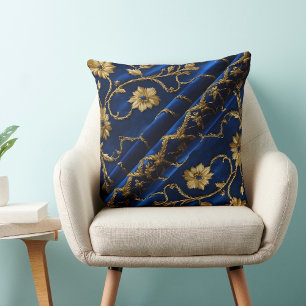 Vintage Embroidery look Blue Gold Flowers Cushion
