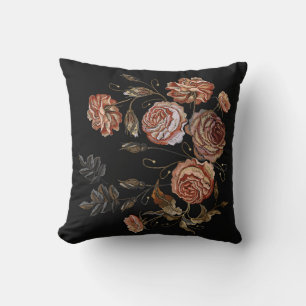 Vintage embroidery: roses on black. cushion