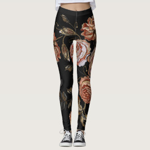 Vintage embroidery: roses on black. leggings