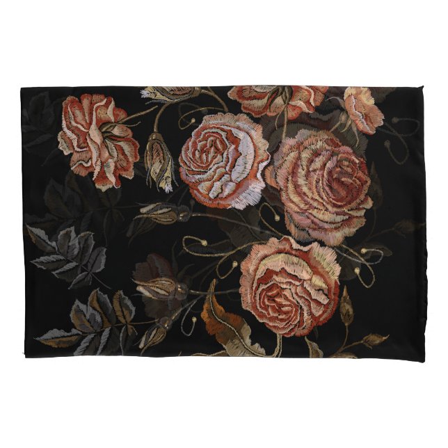 Vintage embroidery: roses on black. pillowcase (Front)