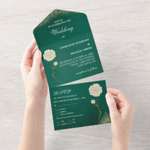 Vintage Emerald Green And Gold Wedding All In One Invitation