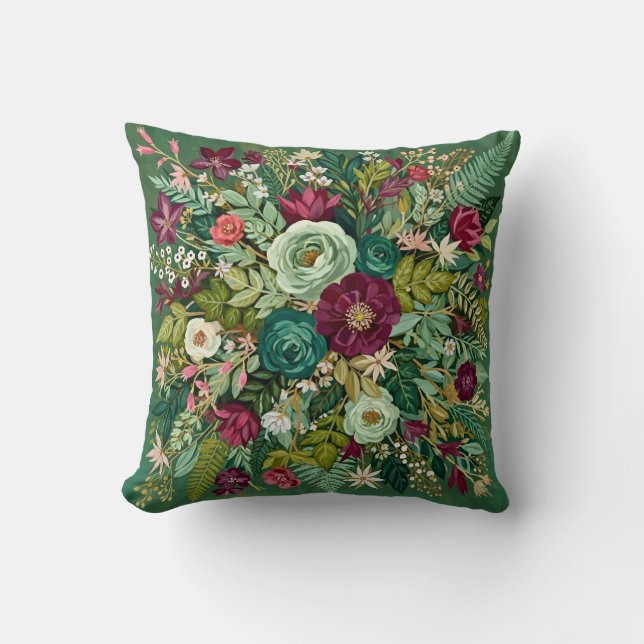 Vintage Emerald Green Botanical  Cushion (Front)