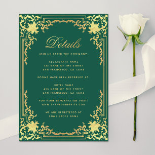 Vintage Emerald Green Faux Gold Wedding Details  Enclosure Card