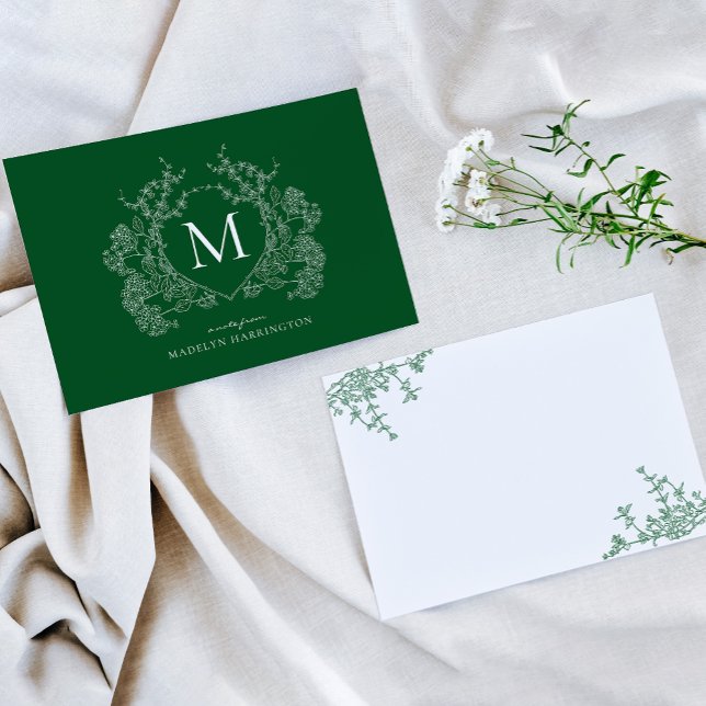 Vintage Emerald Green Floral Crest Monogram Card (Creator Uploaded)