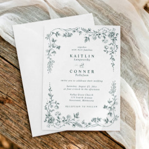 Vintage Emerald Green French Floral Wedding Invitation