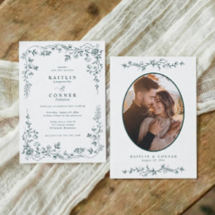 Vintage Emerald Green French Floral Wedding Photo Invitation