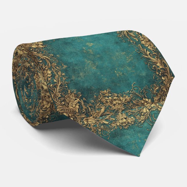 Vintage Emerald Green Gold Black Tie (Rolled)