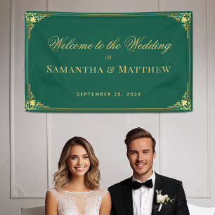 Vintage Emerald Green Gold Elegant Wedding Welcome Banner