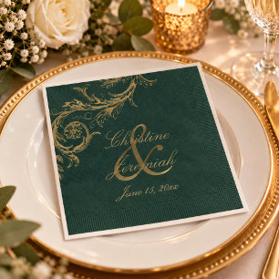 Vintage Emerald Green Gold Floral Damask Wedding Napkin
