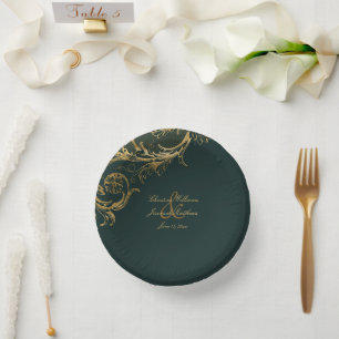 Vintage Emerald Green Gold Floral Damask Wedding Paper Plate