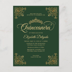 Vintage Emerald Green Gold Frame Tiara Quinceanera Postcard