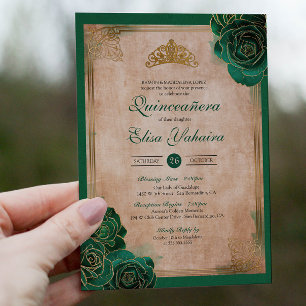 Vintage Emerald Green Gold Roses Royal Quinceanera Invitation
