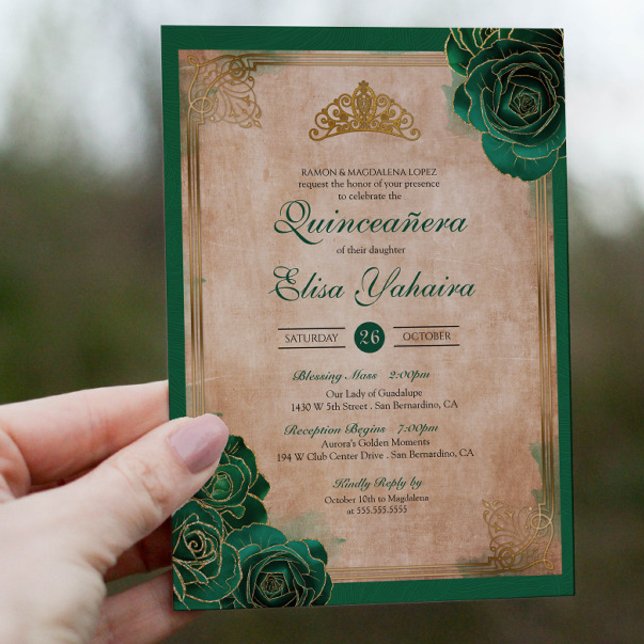 Vintage Emerald Green Gold Roses Royal Quinceanera Invitation (Creator Uploaded)