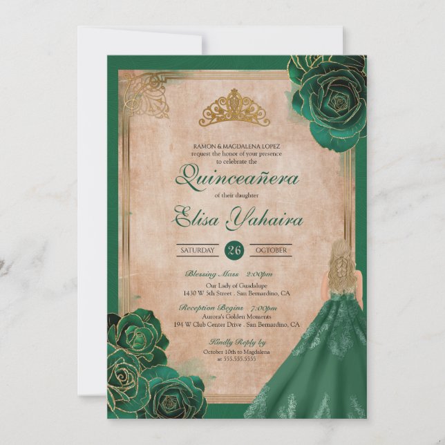Vintage Emerald Green Gold Roses Royal Quinceanera Invitation (Front)