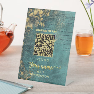 Vintage Emerald green gold venmo Payment Qr code Pedestal Sign