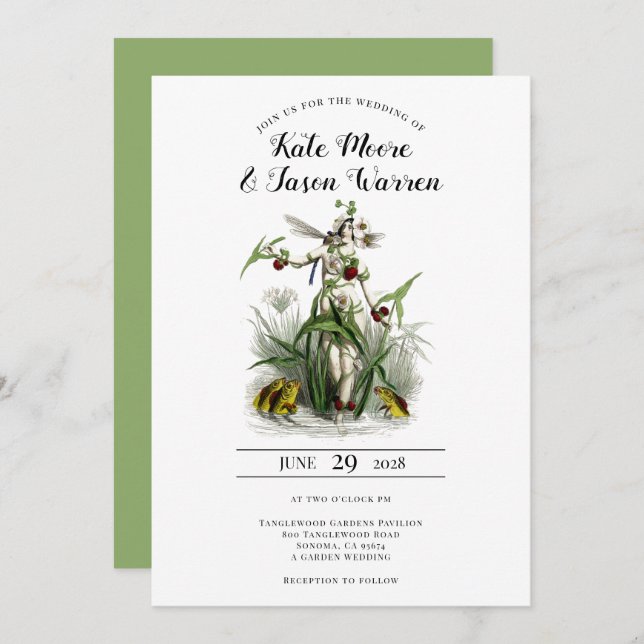 Vintage Enchanted Garden Fairy Green Wedding Invitation (Front/Back)