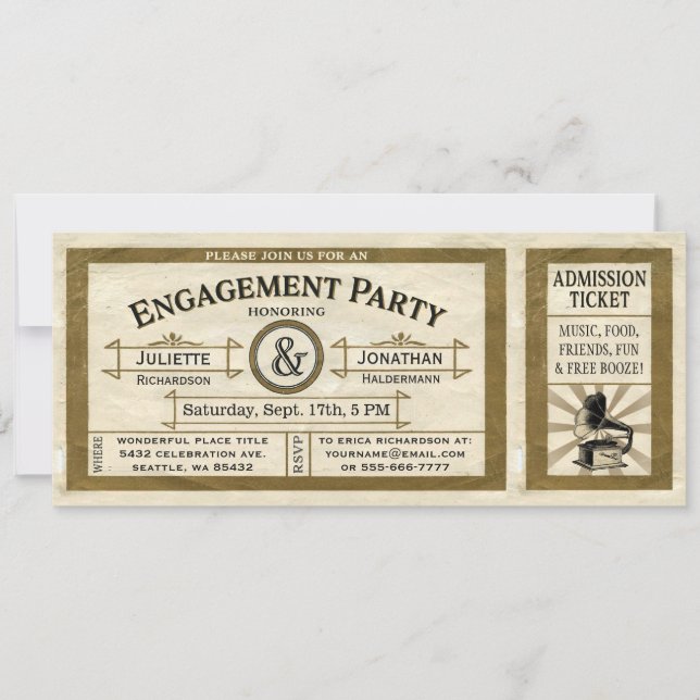 Vintage Engagement Party Ticket Invitations (Front)