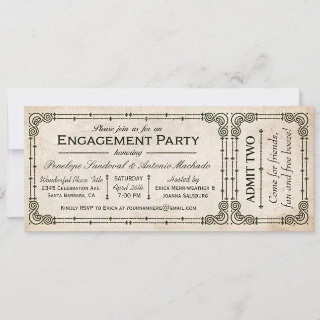 Vintage Engagement Party Ticket Invitations I (Front)