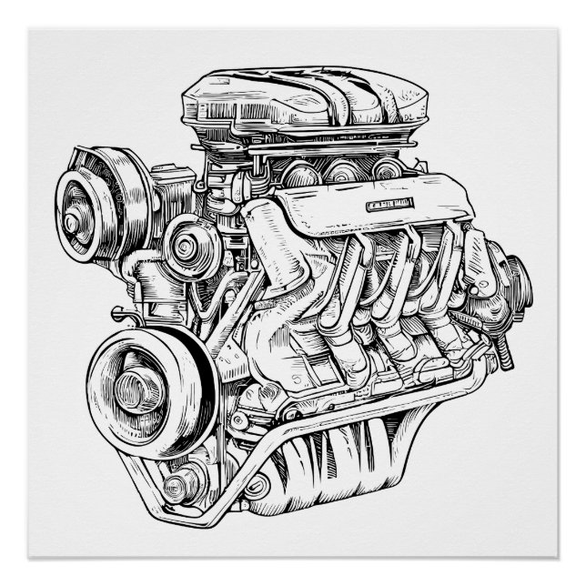 Vintage Engine Block Blueprint Diagram – Men's Car Poster (Front)