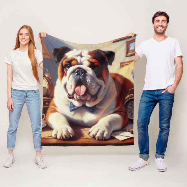 Vintage English Bulldog Illustration Fleece Blanket (In Situ)
