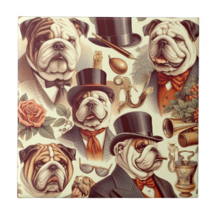 Vintage English Bulldog Seamless Illustration Ceramic Tile