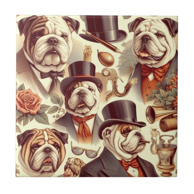 Vintage English Bulldog  Seamless Illustration Ceramic Tile (Front)