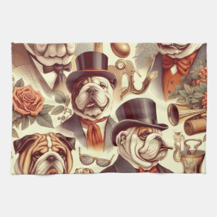 Vintage English Bulldog Seamless Illustration Tea Towel