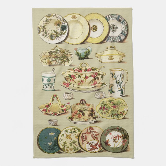 Vintage English China Plates & Serving Pieces Tea Towel (Vertical)