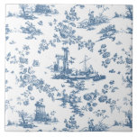 Vintage English Floral Toile de Jouy-Blue Ceramic Tile<br><div class="desc">Beautiful seamless toile de jouy pattern adapted from an English copperplate engraved design by John Munns ca 1770s featuring classical ruins,  seaport,  shepherd and floral garlands. Blue on white background.</div>