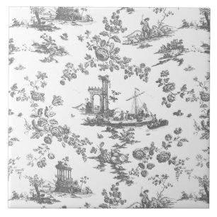 Vintage English Floral Toile de Jouy-Grey Ceramic Tile