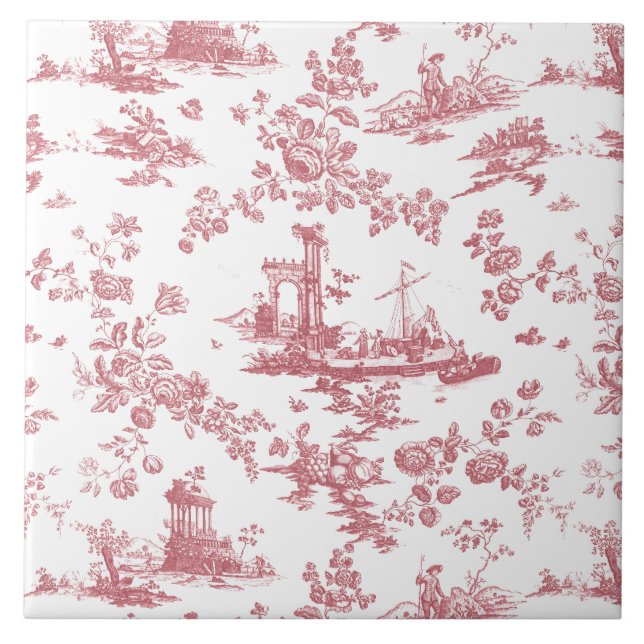 Vintage English Floral Toile de Jouy-Pink Ceramic Tile (Front)