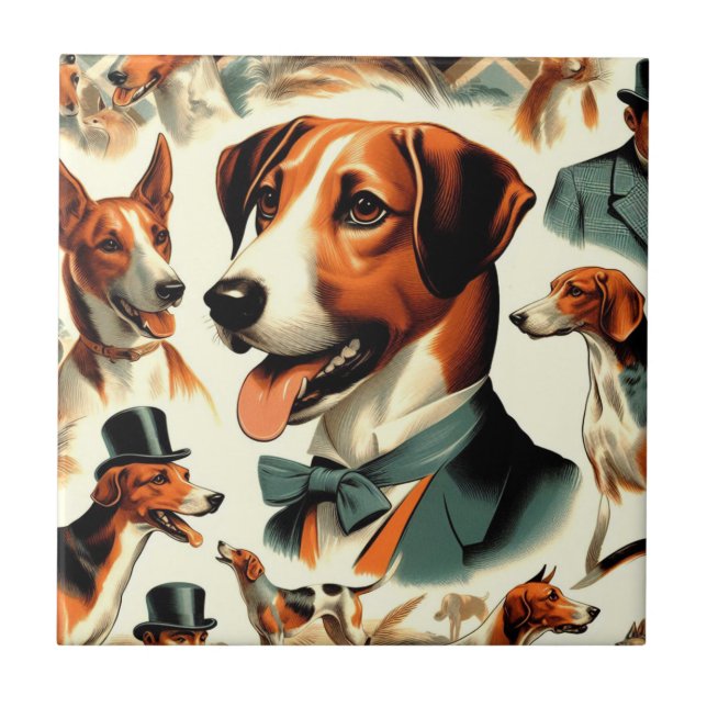 Vintage English Foxhound Illustration Ceramic Tile (Front)