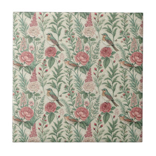 Vintage English Garden Bird & Rose Floral Pattern Ceramic Tile