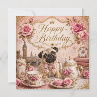 vintage english pug golden birthday card 
