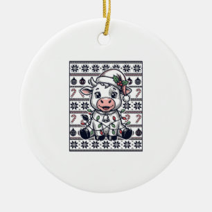 Vintage Engraved Christmas Cow Ugly Sweater Design Ceramic Ornament