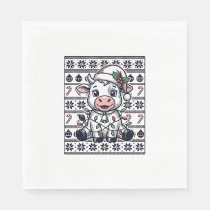 Vintage Engraved Christmas Cow Ugly Sweater Design Napkin