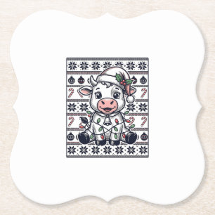 Vintage Engraved Christmas Cow Ugly Sweater Design Paper Coaster