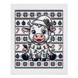 Vintage Engraved Christmas Cow Ugly Sweater Design Poster
