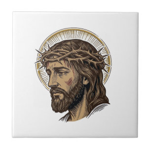 Vintage Engraved Crown of Thorns Portrait Shirt_1 Ceramic Tile