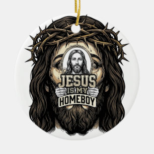 Vintage Engraved Crowned Holy Face Vector Design_1 Ceramic Ornament