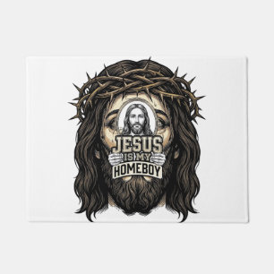 Vintage Engraved Crowned Holy Face Vector Design_1 Doormat