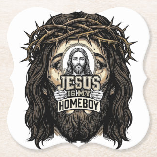 Vintage Engraved Crowned Holy Face Vector Design_1 Paper Coaster