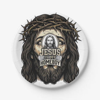 Vintage Engraved Crowned Holy Face Vector Design_1 Paper Plate