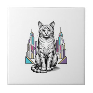 Vintage Engraved Cyber Cat City Vector Art_1 Ceramic Tile