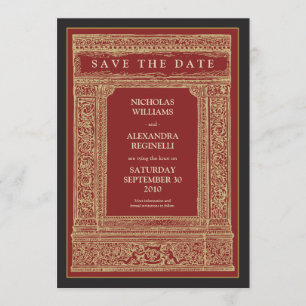 Vintage Engraved Frame Save the Date (red/gold)