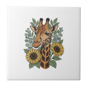 Vintage Engraved Giraffe Sunflower Floral Shirt_1 Ceramic Tile