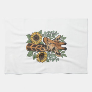Vintage Engraved Giraffe Sunflower Floral Shirt_1 Tea Towel